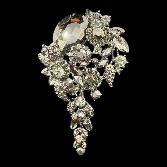 Elegant Gunmetal Gray Floral Rhinestone Crystal Waterfall Brooch Pendant - Picture 1 of 9